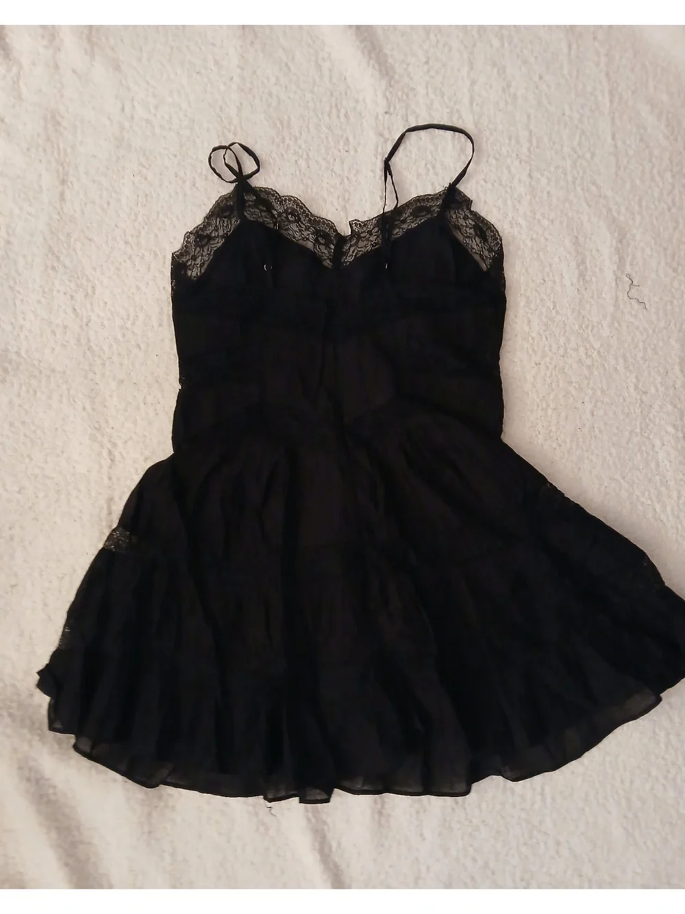 Free People Black Lace-Trim Tiered Spaghetti Strap Mini Dress